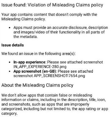 Your app contains content that doesn’t comply with the Deceptive Behavior policy